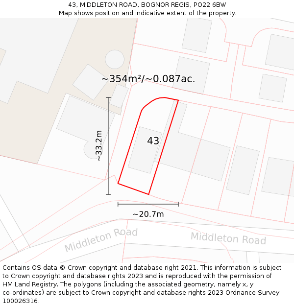 43, MIDDLETON ROAD, BOGNOR REGIS, PO22 6BW: Plot and title map