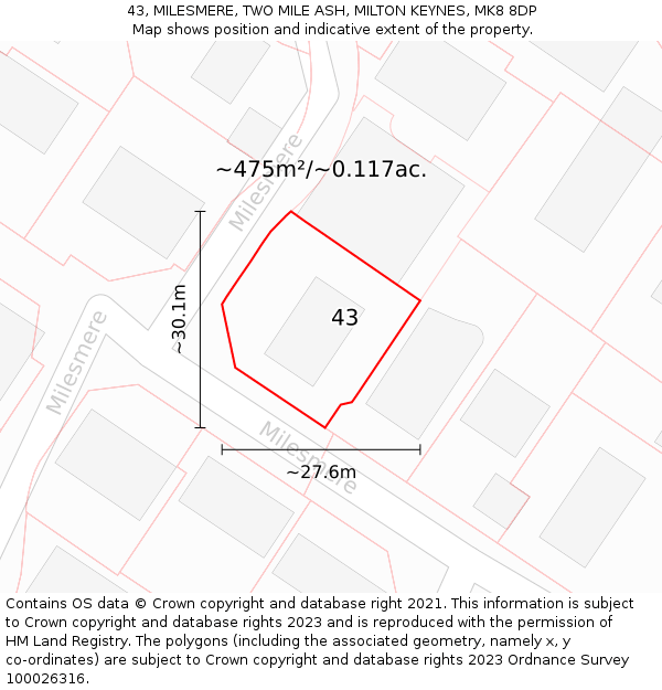 43, MILESMERE, TWO MILE ASH, MILTON KEYNES, MK8 8DP: Plot and title map