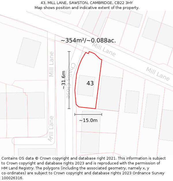 43, MILL LANE, SAWSTON, CAMBRIDGE, CB22 3HY: Plot and title map