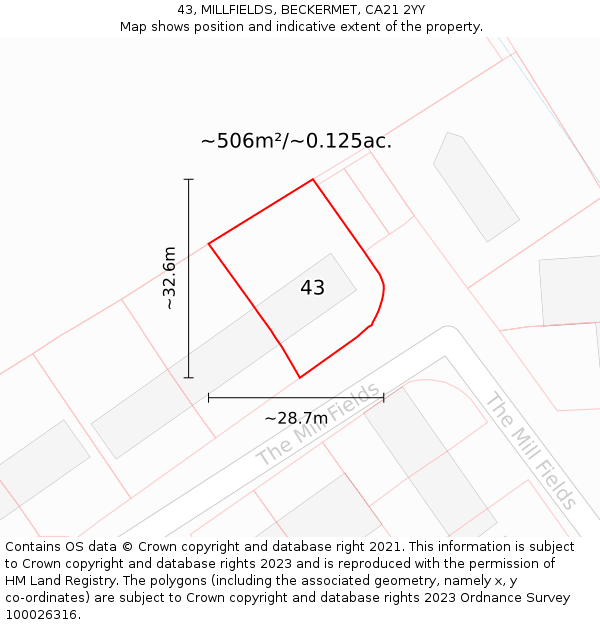 43, MILLFIELDS, BECKERMET, CA21 2YY: Plot and title map