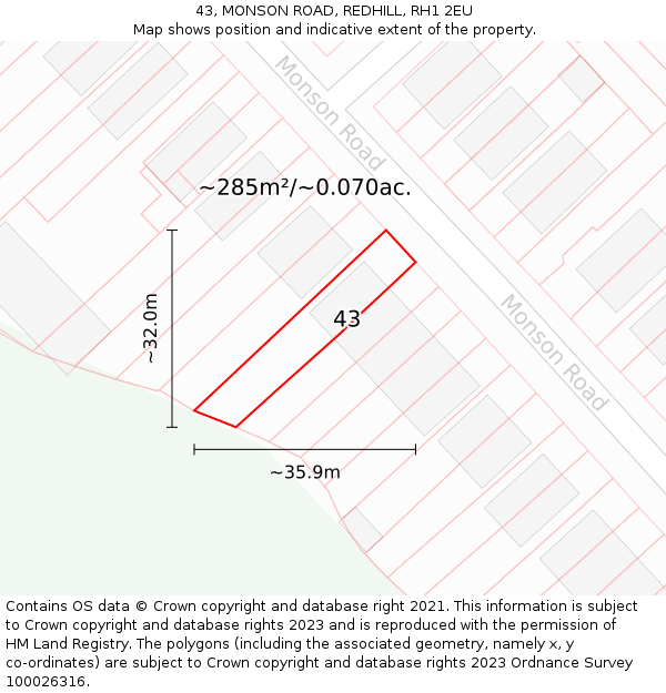 43, MONSON ROAD, REDHILL, RH1 2EU: Plot and title map