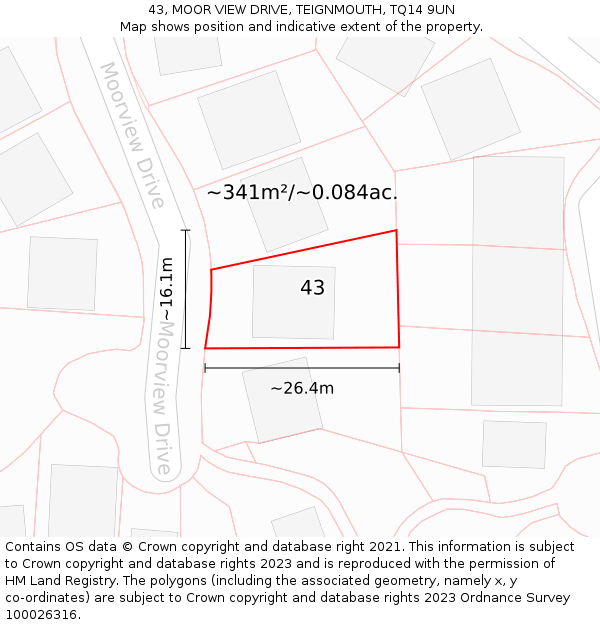 43, MOOR VIEW DRIVE, TEIGNMOUTH, TQ14 9UN: Plot and title map