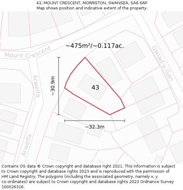 43, MOUNT CRESCENT, MORRISTON, SWANSEA, SA6 6AP: Plot and title map