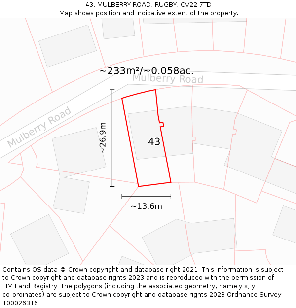 43, MULBERRY ROAD, RUGBY, CV22 7TD: Plot and title map