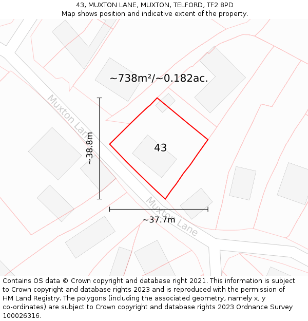 43, MUXTON LANE, MUXTON, TELFORD, TF2 8PD: Plot and title map