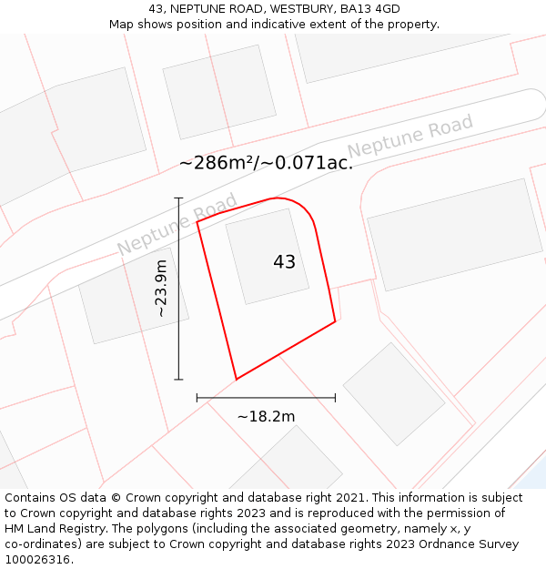 43, NEPTUNE ROAD, WESTBURY, BA13 4GD: Plot and title map