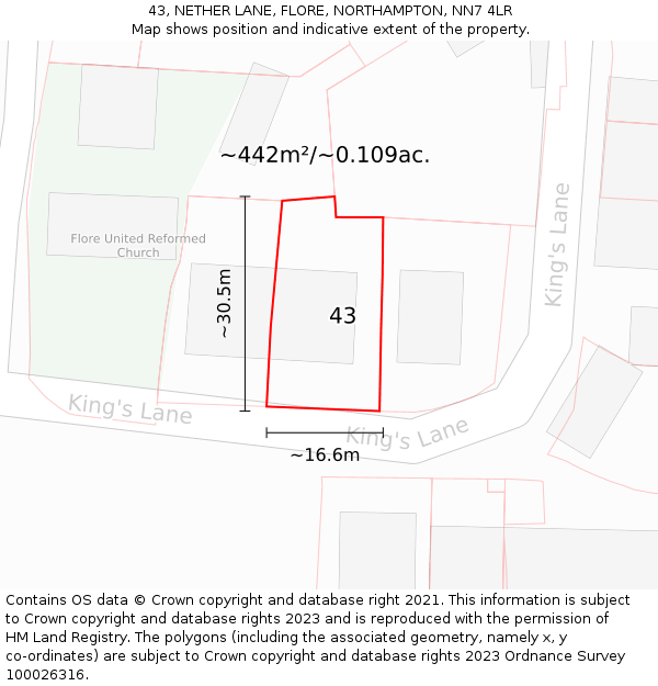 43, NETHER LANE, FLORE, NORTHAMPTON, NN7 4LR: Plot and title map