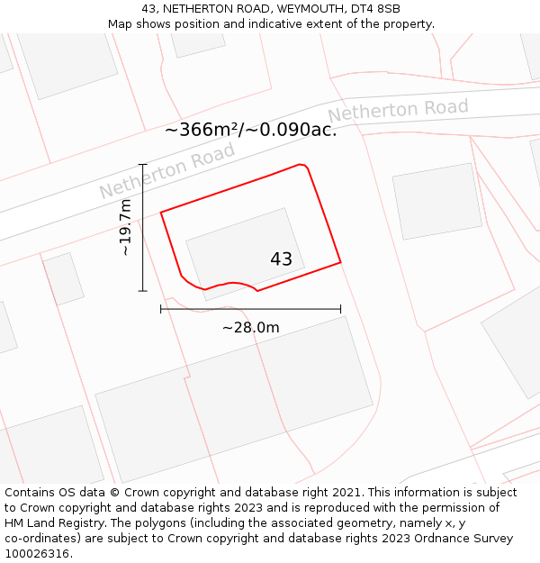 43, NETHERTON ROAD, WEYMOUTH, DT4 8SB: Plot and title map