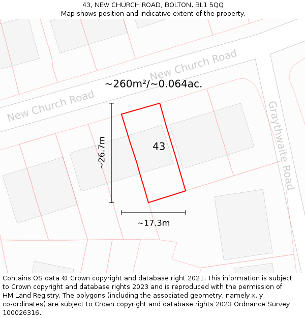 43, NEW CHURCH ROAD, BOLTON, BL1 5QQ: Plot and title map