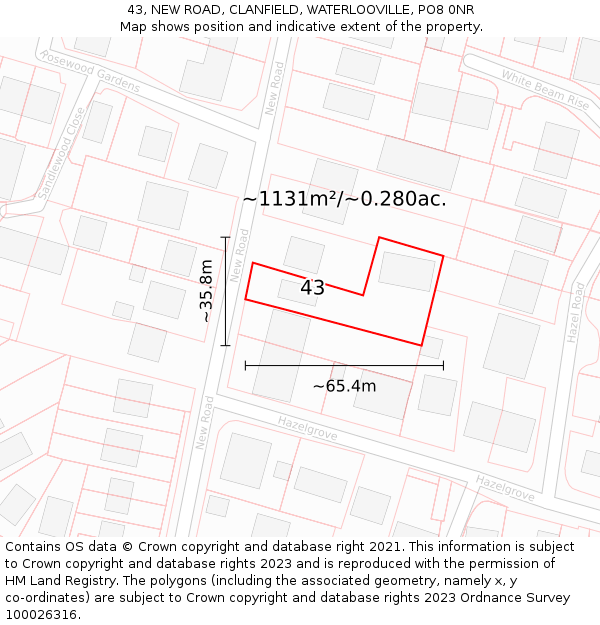 43, NEW ROAD, CLANFIELD, WATERLOOVILLE, PO8 0NR: Plot and title map