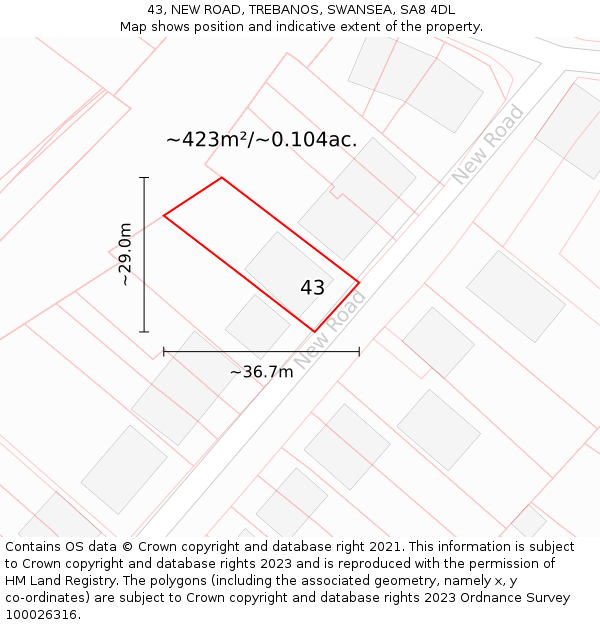 43, NEW ROAD, TREBANOS, SWANSEA, SA8 4DL: Plot and title map