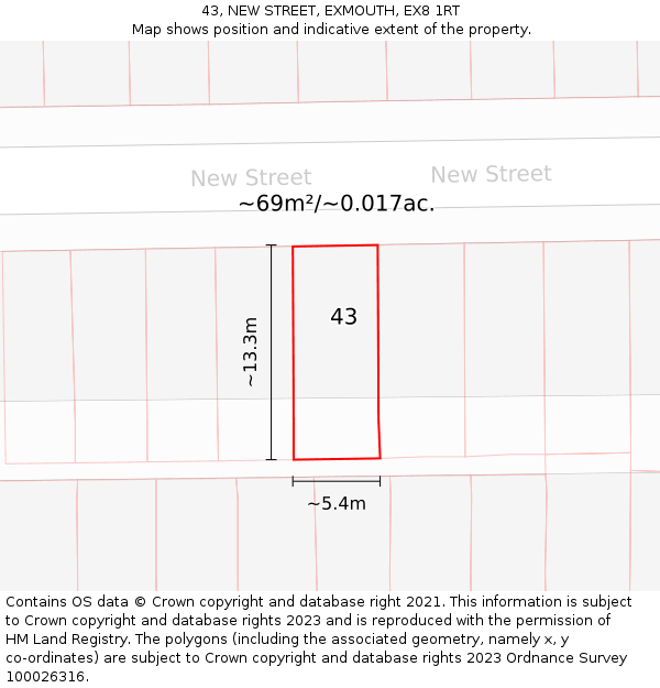 43, NEW STREET, EXMOUTH, EX8 1RT: Plot and title map