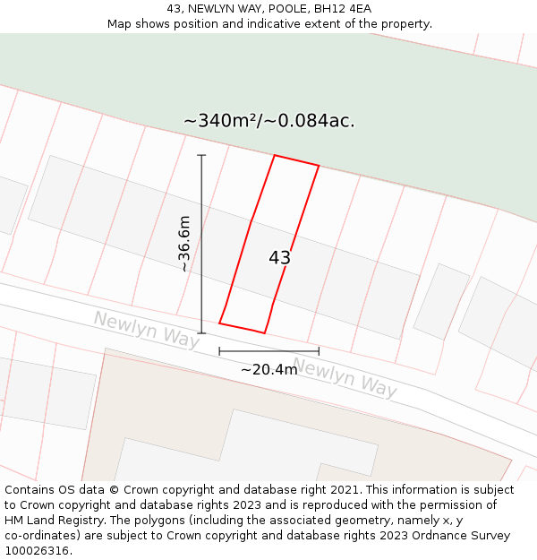 43, NEWLYN WAY, POOLE, BH12 4EA: Plot and title map