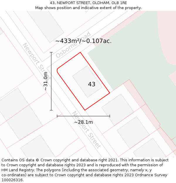 43, NEWPORT STREET, OLDHAM, OL8 1RE: Plot and title map