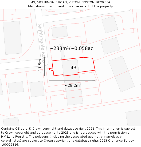 43, NIGHTINGALE ROAD, KIRTON, BOSTON, PE20 1FA: Plot and title map