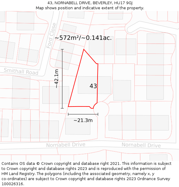 43, NORNABELL DRIVE, BEVERLEY, HU17 9GJ: Plot and title map