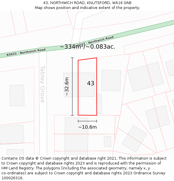 43, NORTHWICH ROAD, KNUTSFORD, WA16 0AB: Plot and title map