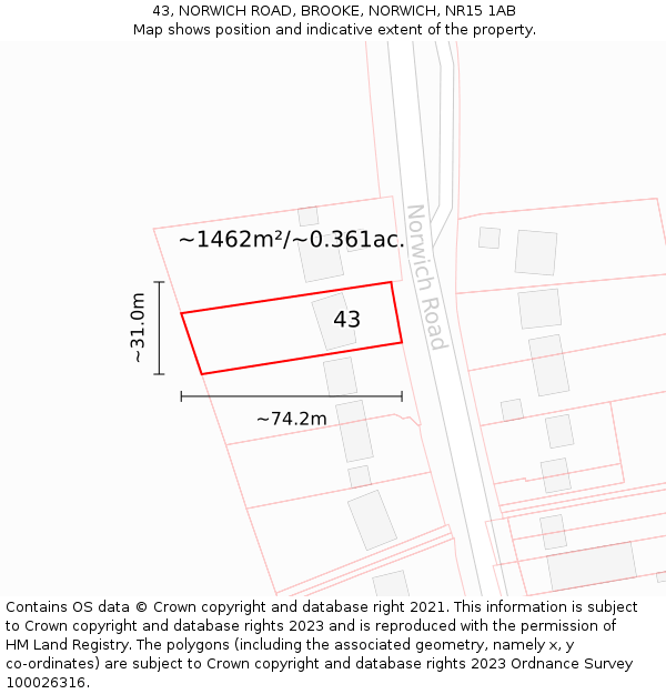 43, NORWICH ROAD, BROOKE, NORWICH, NR15 1AB: Plot and title map