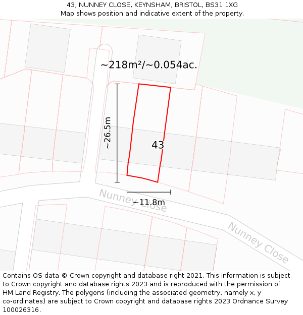 43, NUNNEY CLOSE, KEYNSHAM, BRISTOL, BS31 1XG: Plot and title map