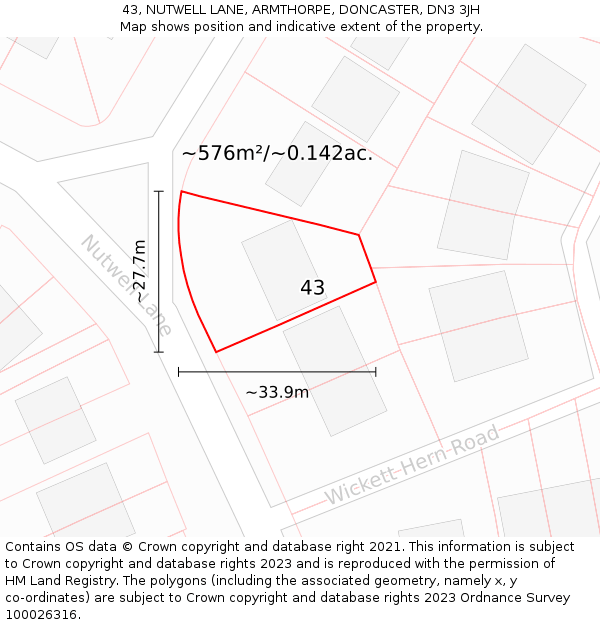 43, NUTWELL LANE, ARMTHORPE, DONCASTER, DN3 3JH: Plot and title map