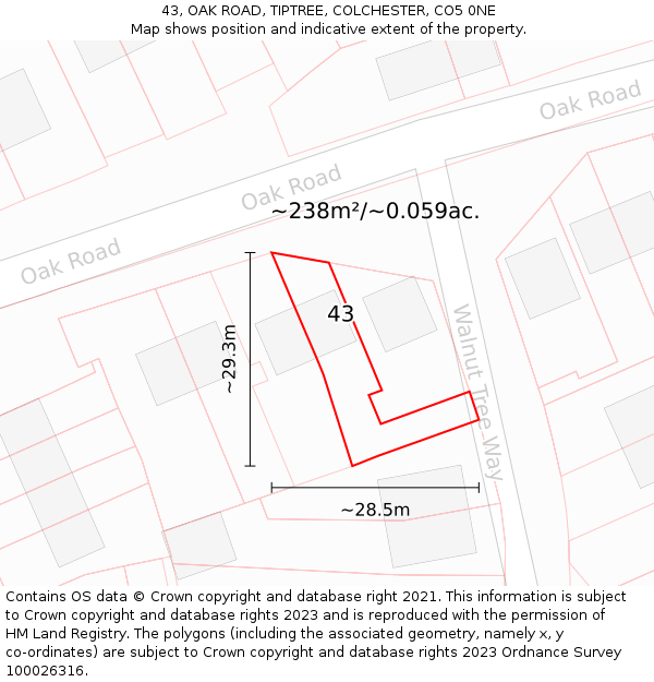 43, OAK ROAD, TIPTREE, COLCHESTER, CO5 0NE: Plot and title map