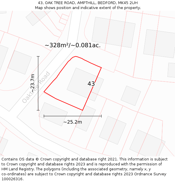 43, OAK TREE ROAD, AMPTHILL, BEDFORD, MK45 2UH: Plot and title map