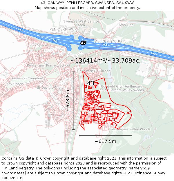 43, OAK WAY, PENLLERGAER, SWANSEA, SA4 9WW: Plot and title map