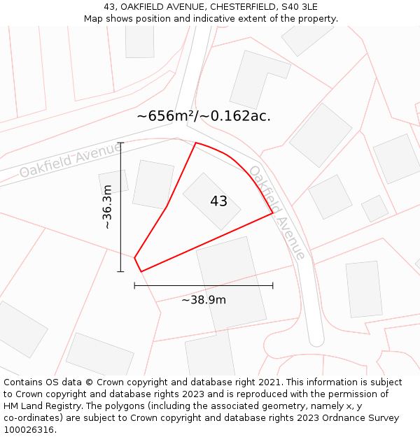 43, OAKFIELD AVENUE, CHESTERFIELD, S40 3LE: Plot and title map