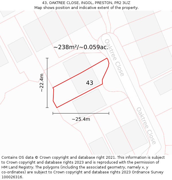 43, OAKTREE CLOSE, INGOL, PRESTON, PR2 3UZ: Plot and title map