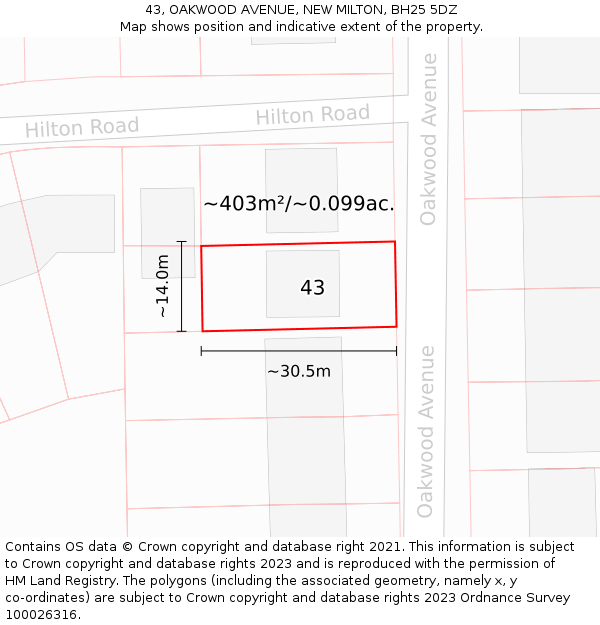 43, OAKWOOD AVENUE, NEW MILTON, BH25 5DZ: Plot and title map