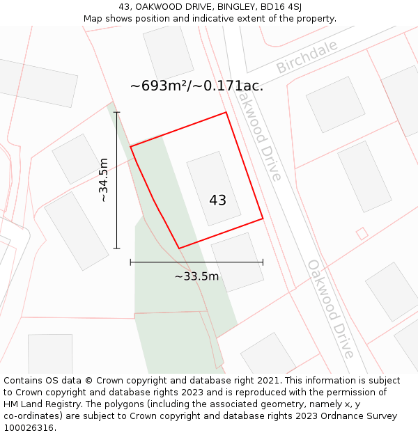 43, OAKWOOD DRIVE, BINGLEY, BD16 4SJ: Plot and title map