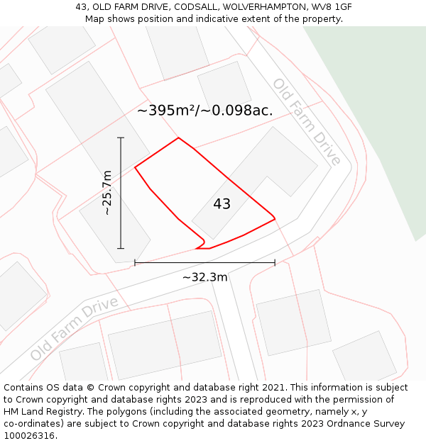 43, OLD FARM DRIVE, CODSALL, WOLVERHAMPTON, WV8 1GF: Plot and title map