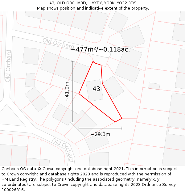 43, OLD ORCHARD, HAXBY, YORK, YO32 3DS: Plot and title map