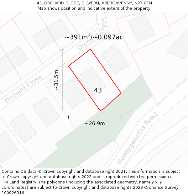 43, ORCHARD CLOSE, GILWERN, ABERGAVENNY, NP7 0EN: Plot and title map