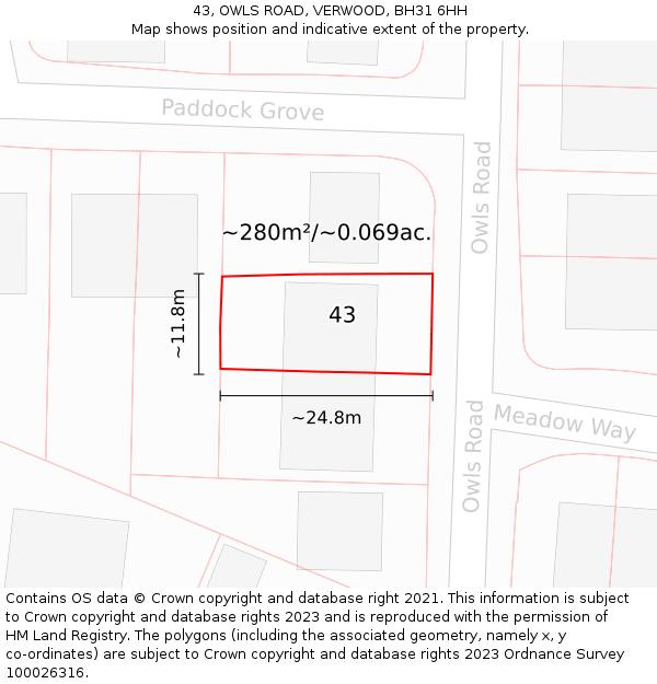 43, OWLS ROAD, VERWOOD, BH31 6HH: Plot and title map