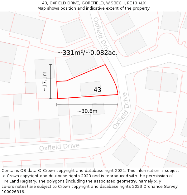 43, OXFIELD DRIVE, GOREFIELD, WISBECH, PE13 4LX: Plot and title map