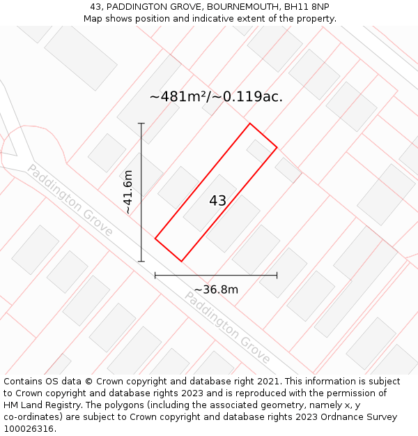 43, PADDINGTON GROVE, BOURNEMOUTH, BH11 8NP: Plot and title map