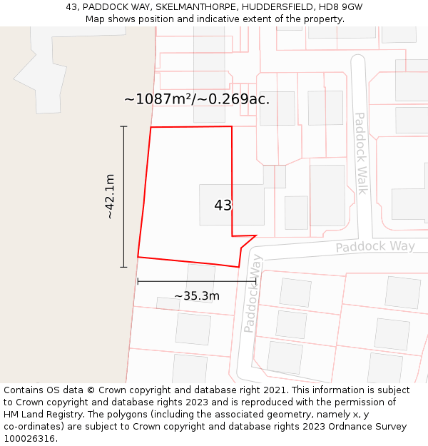 43, PADDOCK WAY, SKELMANTHORPE, HUDDERSFIELD, HD8 9GW: Plot and title map