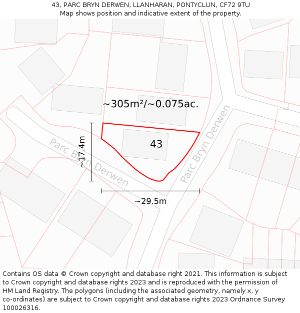 43, PARC BRYN DERWEN, LLANHARAN, PONTYCLUN, CF72 9TU: Plot and title map