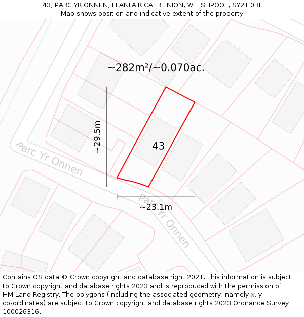 43, PARC YR ONNEN, LLANFAIR CAEREINION, WELSHPOOL, SY21 0BF: Plot and title map