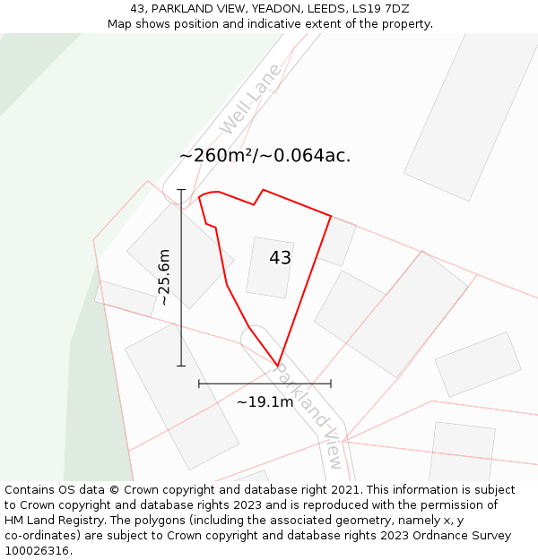 43, PARKLAND VIEW, YEADON, LEEDS, LS19 7DZ: Plot and title map