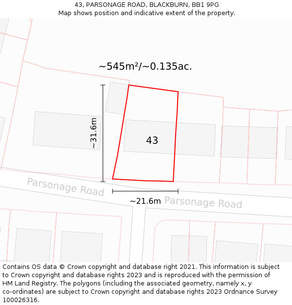 43, PARSONAGE ROAD, BLACKBURN, BB1 9PG: Plot and title map