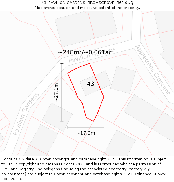 43, PAVILION GARDENS, BROMSGROVE, B61 0UQ: Plot and title map