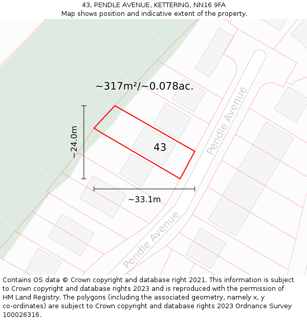 43, PENDLE AVENUE, KETTERING, NN16 9FA: Plot and title map