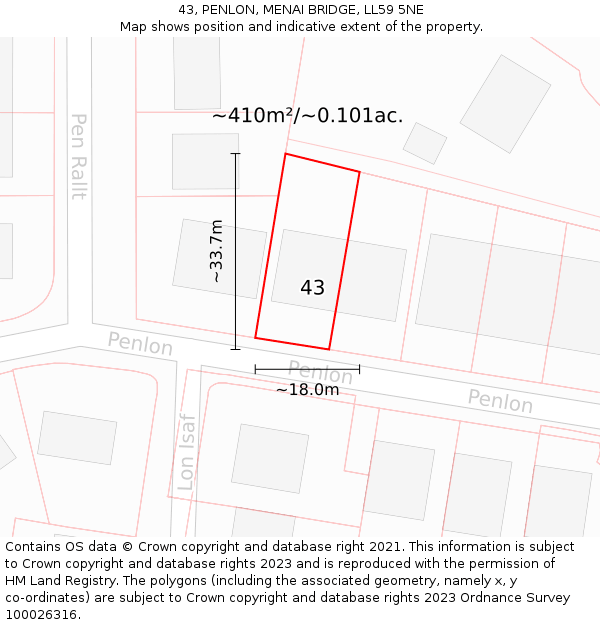 43, PENLON, MENAI BRIDGE, LL59 5NE: Plot and title map