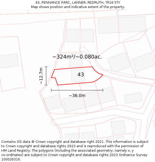 43, PENNANCE PARC, LANNER, REDRUTH, TR16 5TY: Plot and title map