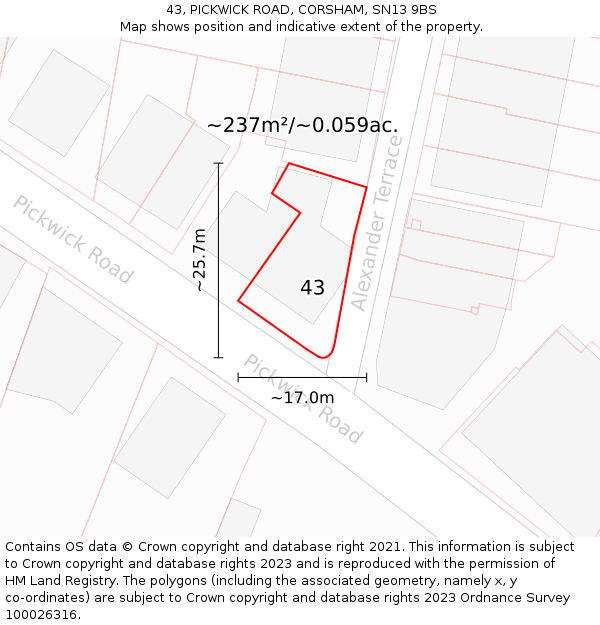 43, PICKWICK ROAD, CORSHAM, SN13 9BS: Plot and title map