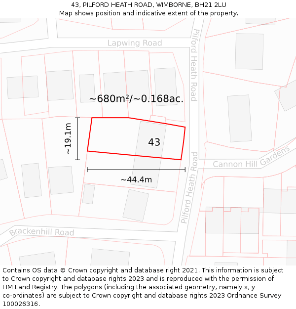 43, PILFORD HEATH ROAD, WIMBORNE, BH21 2LU: Plot and title map