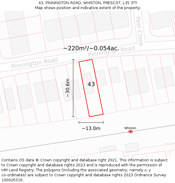 43, PINNINGTON ROAD, WHISTON, PRESCOT, L35 3TY: Plot and title map