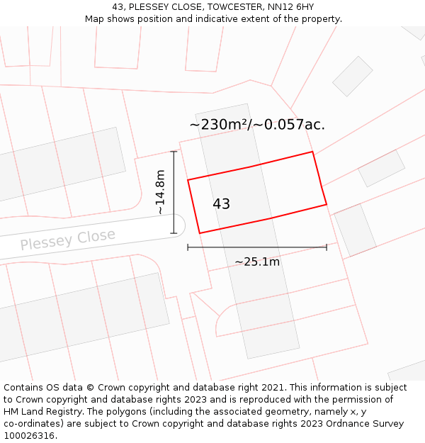 43, PLESSEY CLOSE, TOWCESTER, NN12 6HY: Plot and title map